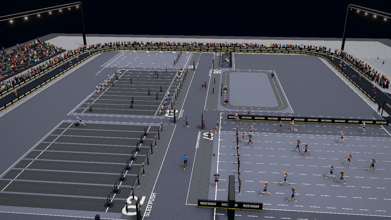 RaceSim: a full HYROX race seen from above, athletes on the run course and at the stations